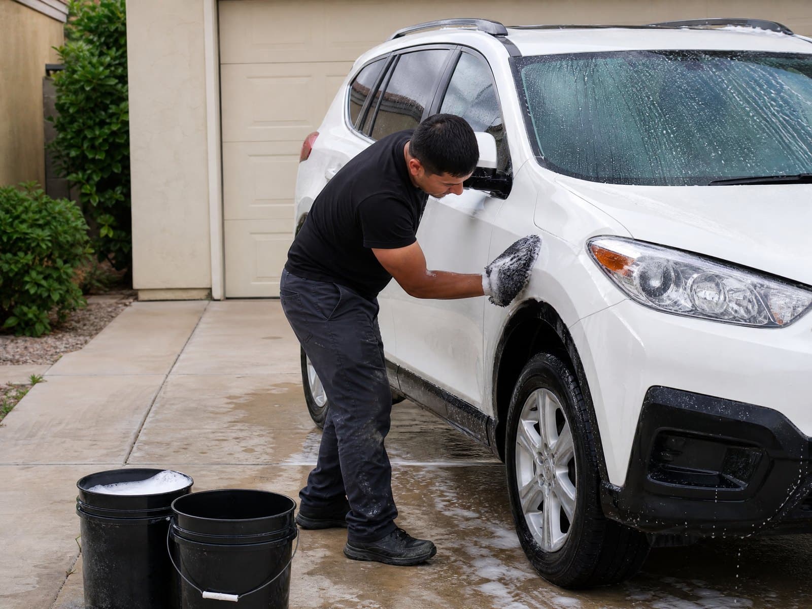 Hand-washing an SUV with a microfibre mitt